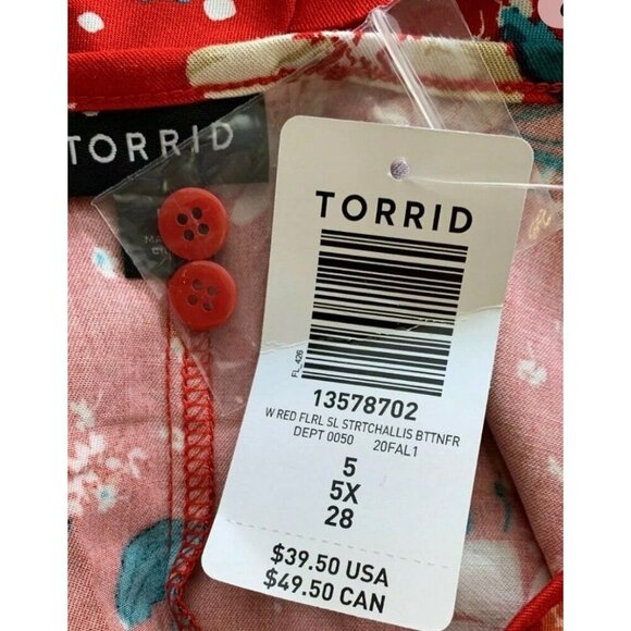 Torrid +5 Red Floral Scoop Neckline Button Down Woven Challis Sleeveless Blouse - Picture 6 of 6